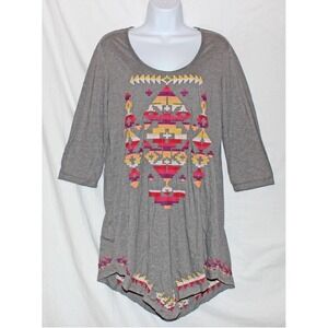 JOHNNY‎ WAS Medium Gray Aztec Cross Stitch Tunic TOP  V-Hem 3/4 Slv Raw Edge Art